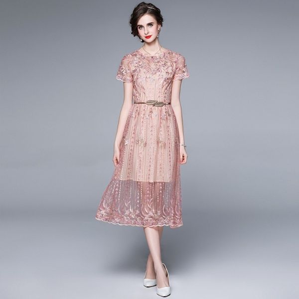 

summer runway pink mesh flower embroidery women o neck short sleeve tree lleaf belt high waist a line dresses 210514, Black;gray