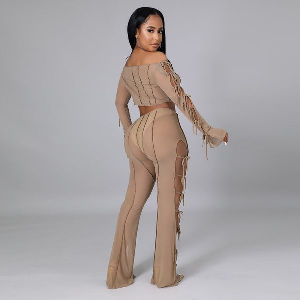 

woman suit polyester mesh milk silk leggings bandage pants set off shoulder strapless long sleeved with high waist pants suit, White