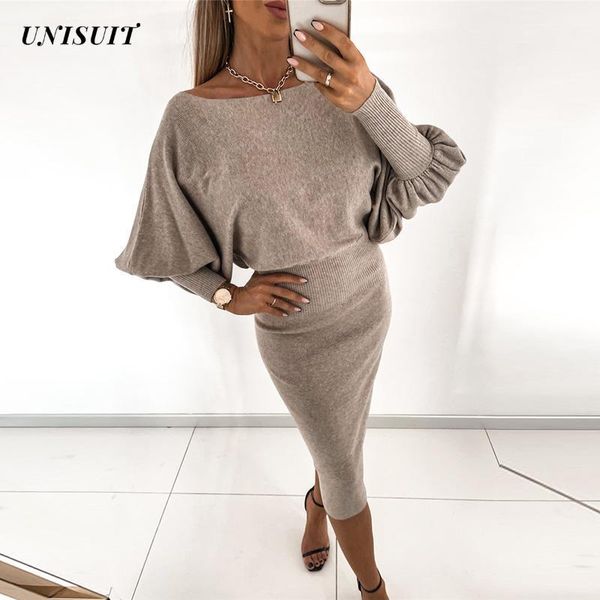 

casual dresses 2021 autumn elegant slim chic party dress office lady solid lantern long sleeved women o-neck knitted, Black;gray