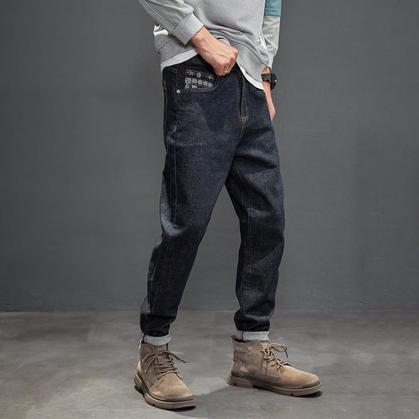 

men's jeans ly designer fashion men retro black blue elastic casual harem streetwear vintage spliced denim pants