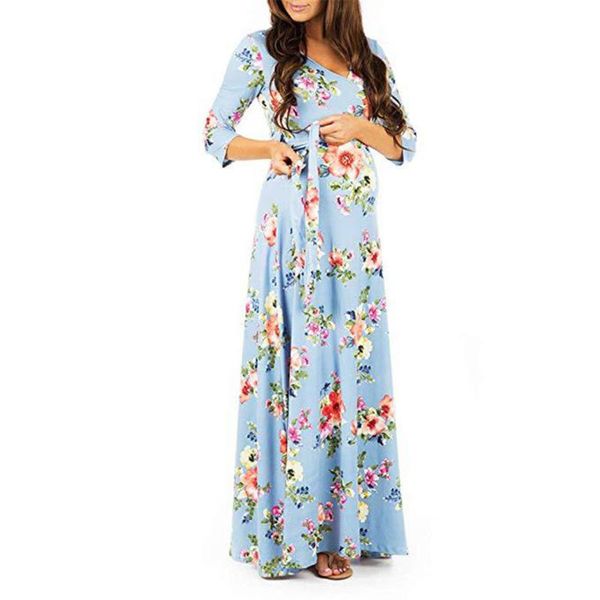 

pregnant women v-neck belt slim long skirt dress seven-point sleeve floral mop the floor nursing clothes maternity dresses, White