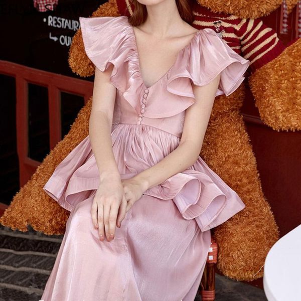

party dresses pink princess dress light silk women 2021 summer high end v-neck shinny midi flying sleeves waist, White;black