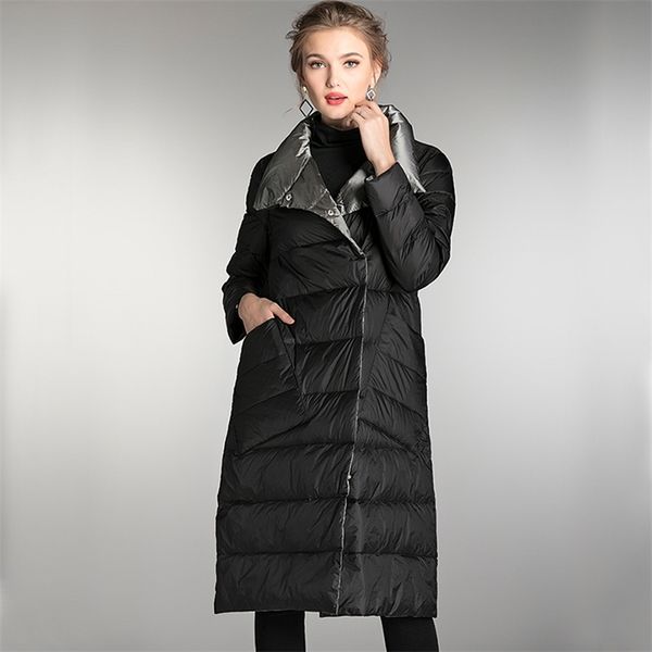 

winter double sided down long jacket women stand collar slim parkes 90% white duck coat lapel 5xl fit warm outwear 210430, Black