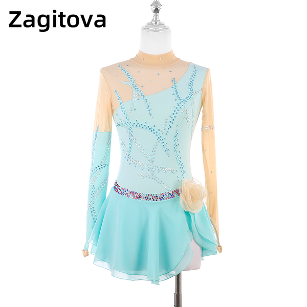 

stage wear light blue long sleeves elegant figure skating dress professional performance skirt for woman or girl gym suit, Black;red