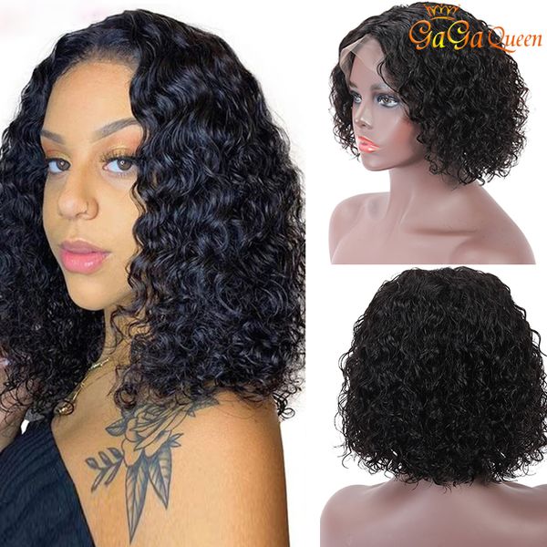

water wave short bob wig lace front human hair pre plucked wig brazilian remy hair 4x4 lace closure wig for woman, Black;brown