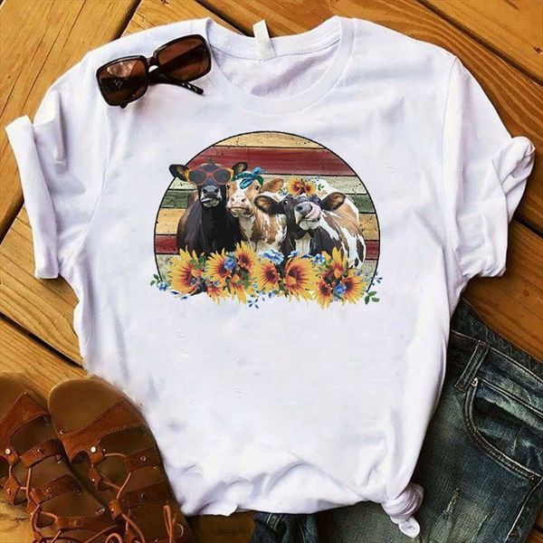 

cattle heifer sunflower print womens t shirt short sleeve tee clothes graphic, White