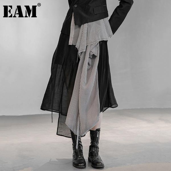 

skirts [eam] high elastic waist black plaid mesh half-body asymmetrical loose skirt women fashion tide spring autumn 2021 1dd6016