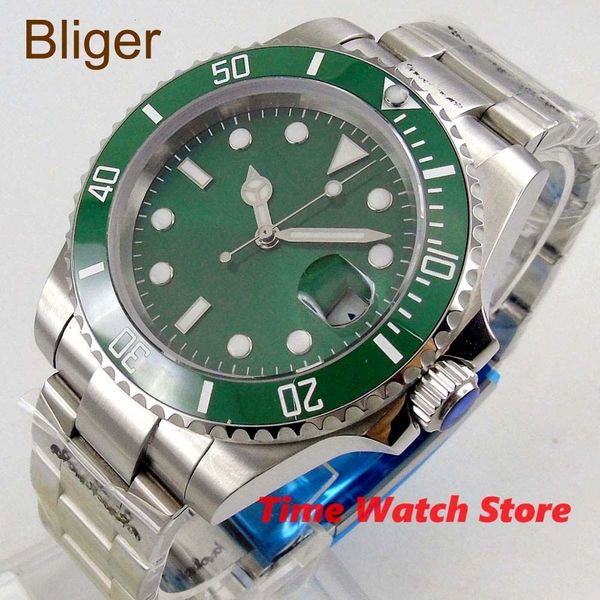 

lightning 43 mm miyota 8215 automatic watch men's sapphire glass waterproof green sterile dial light-emitting ceramic beads ss bracelet, Slivery;brown