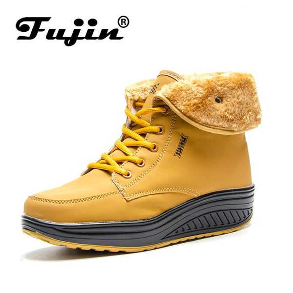 

boots fujin brand 2021 lace up platform leather pu winter plush high shoes for women soft sole ankle botas female lady snow boot, Black