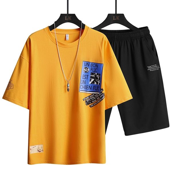 

two piece set summer men's harajuku t-shirts printed clothes solid tracksuit t shirt men sportswear set black white shorts 210601, Gray