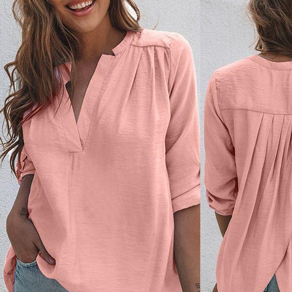 

fashion solid color womens blouses long sleeve pleated back slitting hem, White