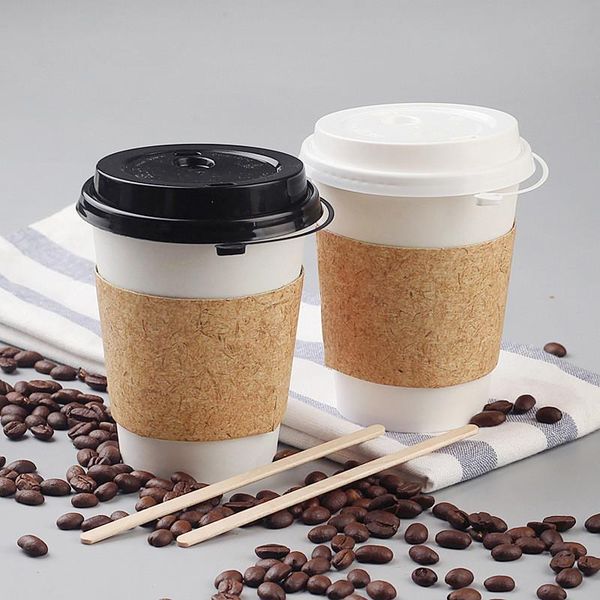 

disposable cups & straws 50pcs white coffee cup cold drink takeaway packaging paper with lid and kraft sleeve