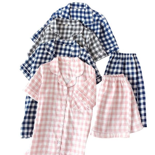 

summer men and pajamas women sleepwear set simple style plaid comfort cotton short sleeve shorts homewear casual wear, Black;red