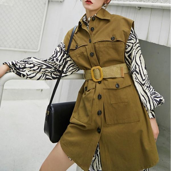 

women's vests [ewq] 2021 summer safari style turn-down collar single breasted sleeveless vest korea plus size khaki coats qv25704s, Black;white