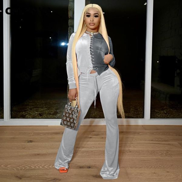 

women's two piece pants cm.yaya women tracksuit velvet patchwork bandage crop and 2 sets active sweatsuit casual outfit autumn 2021, White