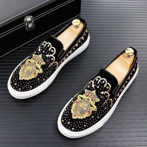 

2021designer men's soft leather comfortable casual flats platform embroidery rhinestone high-quality male dress prom board shoes, Black