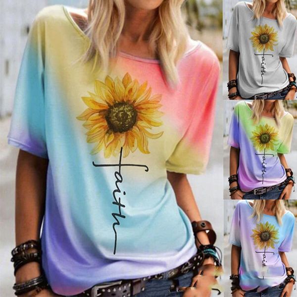 

women's t-shirt summer sunflower print color loose short sleeved pullover t shirt casual plus size clothing, White