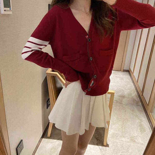 

tb four button wool wine red knitted cardigan v-neck women's sweater coat japan tide brand 2021 spring and autumn, White;black
