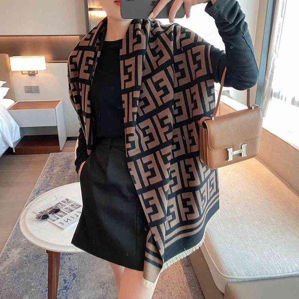 

hat scarf glove set autumn and winter imitation cashmere women's warm long double-sided letter shawl live broadcast, Blue;gray