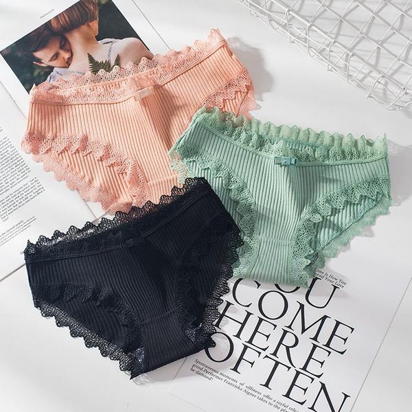 

women's panties thread cotton japanese bow underwear solid color breathable waist size girls briefs plus women, Black;pink