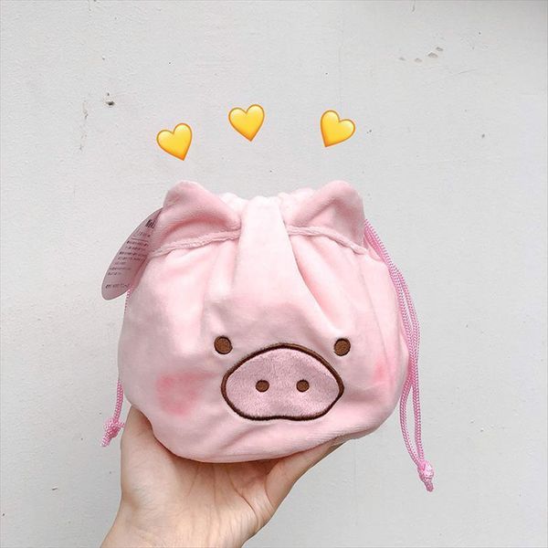 

flannel pig string cosmetic bags case girls pink make up women travel bag korea plush drawstring storage