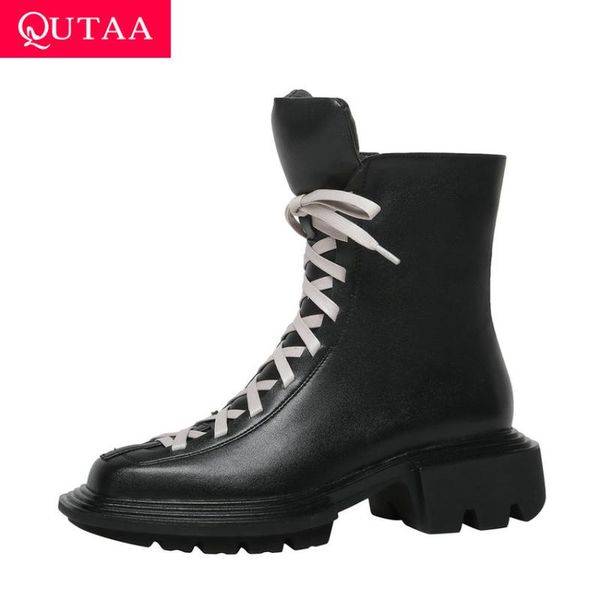 

boots qutaa 2021 square toe fashion ankle cow leather all match women short lace up zipper antiskid ladies shoes size34-39, Black