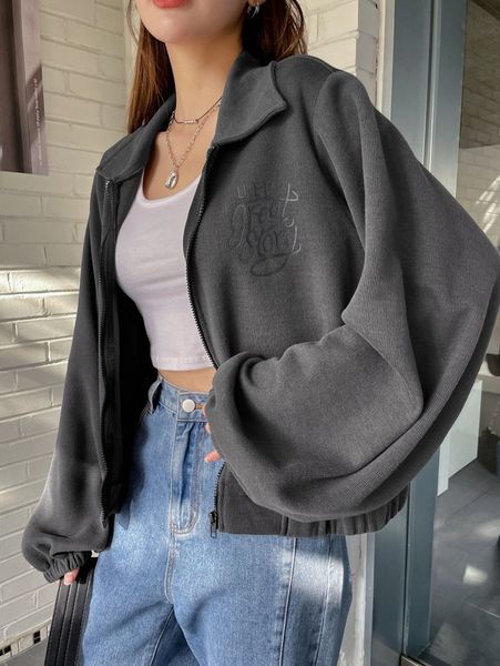 

dazy slogan graphic lantern sleeve zipper pullover z9no#, White;black