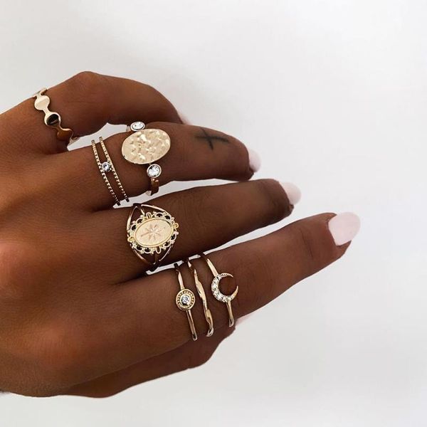 

cluster rings europe and america accessories six-joint ring six-star with metal rhinestones moon set forwomen gifts, Golden;silver