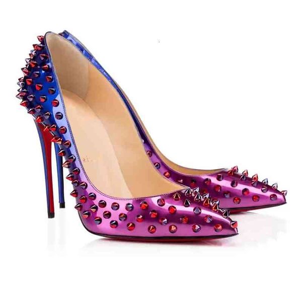 

elegant dress luxury party wedding sandal red bottom spikes shoes patent leather pumps follies rivets ladies casual-cool with box, Black