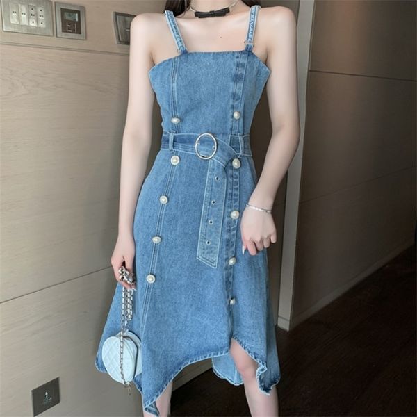 

women spaghetti strap denim dress vestidos pearl double breasted fashion slim chic irregular dresses female 210519, Black;gray