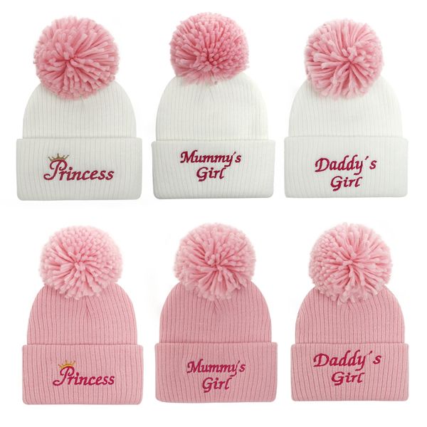 

autumn and winter warm knitting wool caps with fluffy ball fashion embroidered letters print baby hat infant bonnet holiday gift, Blue;gray