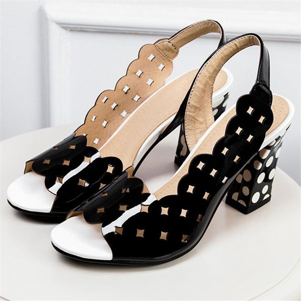 

sandals elegant ladies block heel shoes open toe slingback women high heels strap summer polka dot dress party 33 43 jsdb, Black