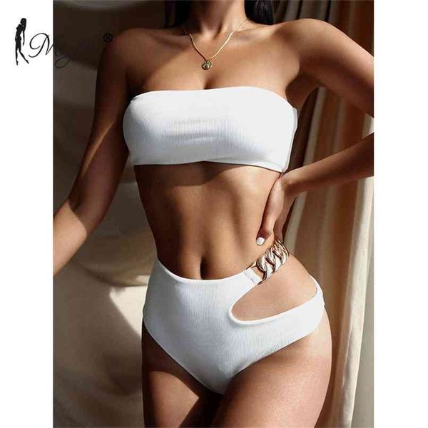 

miyouj chains bikinis solid color beachwewar bandeau swimsuit women's swimwear cut out thong high waist bikini set 210722, White;black