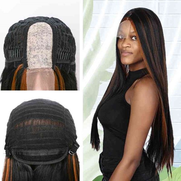 

new 4 * 2021 4 mechanism front lace chemical fiber mixed color women's long straight hair wig, Black