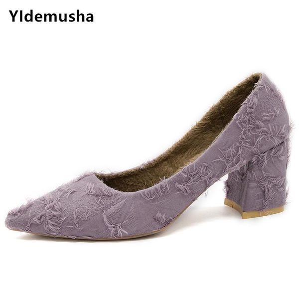 

dress shoes yidemusha 2021 high square heels warm women pumps office lady pointed toe flock casual wedding sapato feminino, Black