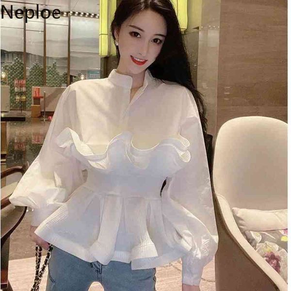 

neploe patchwork heavy ruffle blouse women korean stand collar temperament white shirts fashion elegant blusas mujer 4l215 210422
