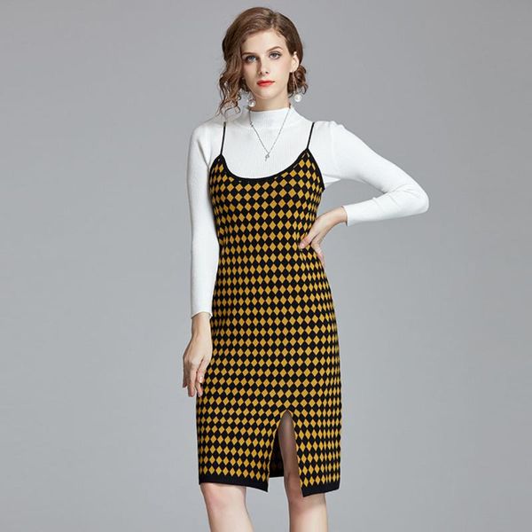 

two piece dress autumn winter knitted women's suit skirt women clothes knit lazy wind loose sweater, White