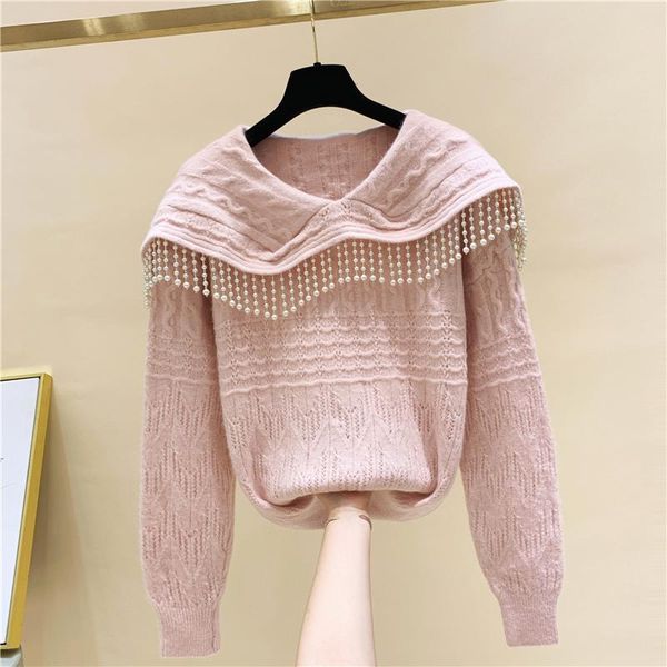 

women's sweaters heavy industry beaded tassels doll collar pullover loose sweater women 2021 autumn and winter design sense all-match, White;black