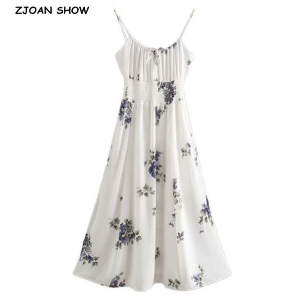 

vintage france spring floral print spaghetti strap midi dress retro women adjust lacing up collar sling dresses holiday 210429, Black;gray