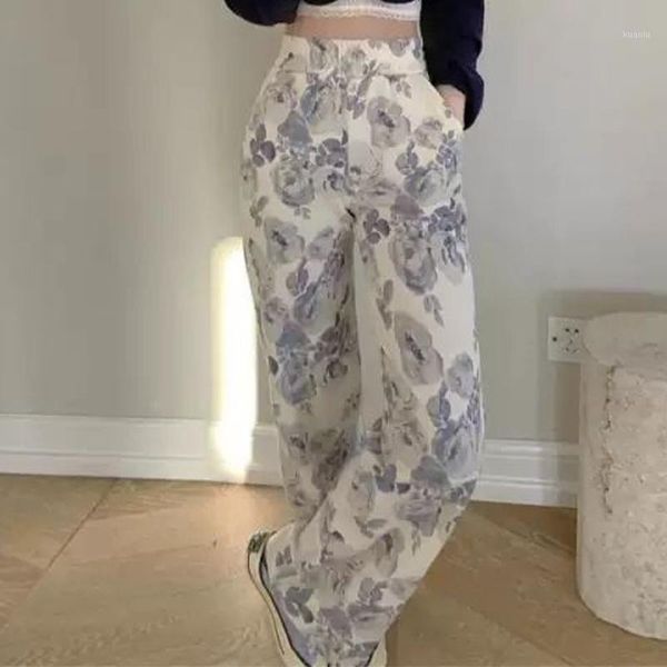 

women's pants & capris women casual harem summer elastic high waist wide leg vintage floral print trouser femme loose pantalon 2021, Black;white