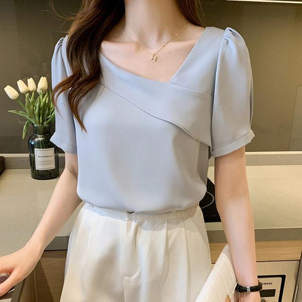 

women's blouses & shirts elegant fashion soft workwear ol ruffle summer blue solid casual womens v-neck clothing 2021 blusas female, White