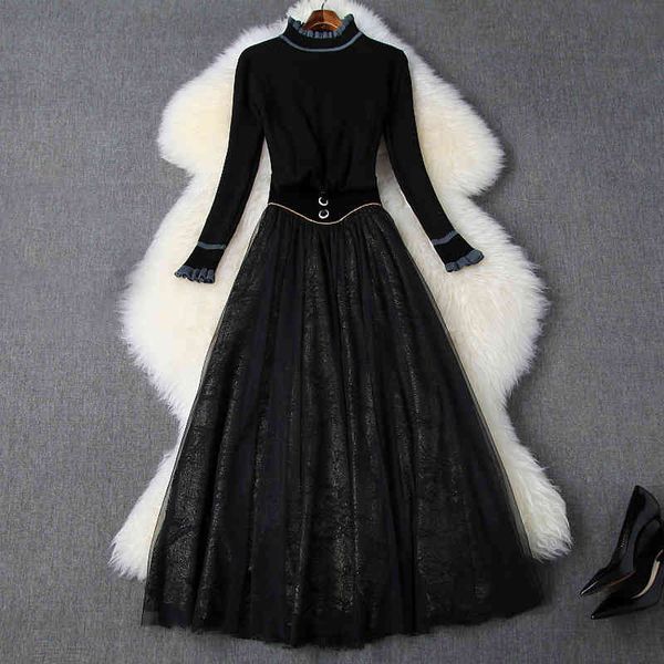 

two piece dress autumn winter black long sleeve stand neck knitted panelled sweater + lace skirt 2 s set n1110435 iuvh, White