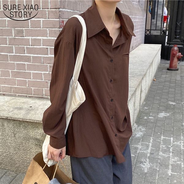 

fashion striped shirts women long sleeve blouse vintage shirt polo collar office lady korean autumn retro clothes 11811 210508, White