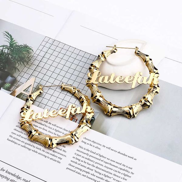 

lateefah 30-100mm hiphop bamboo hoop earrings customizable customize name earrings bamboo style custom earrings statement 210924, Golden;silver
