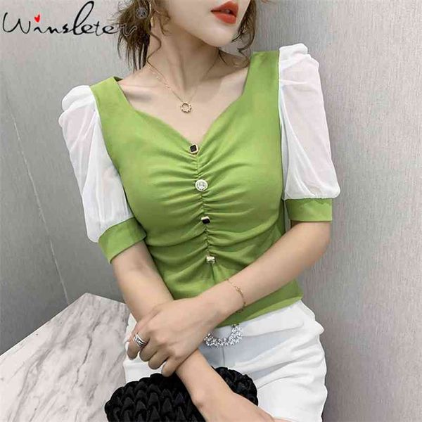 

summer korean style cotton t-shirt fashion v-neck elegant women patchwork puff sleeve bottoming shirt tees t14703a 210421, Black;gray