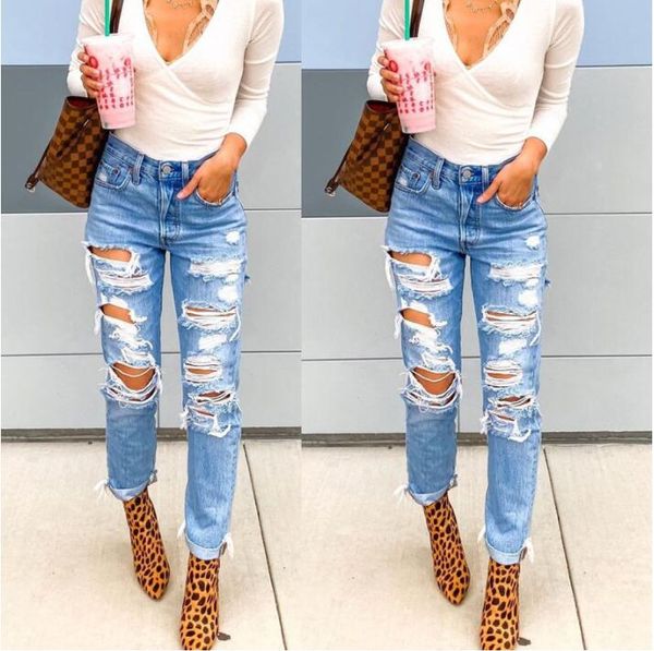 

women's jeans straight tube middle waist zipper hip lift fashion casual street show thin personality washed white european american pie, Blue