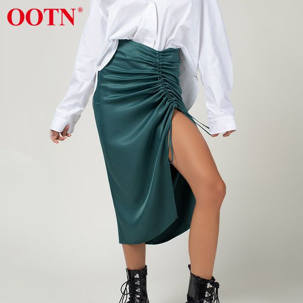 

ootn elegant black summer skirt women split party midi skirts ladies high waist drawstring ruched satin skirt khaki 210413