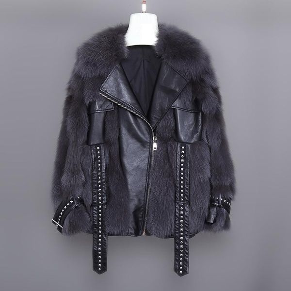 

women's fur & faux ladies warm real short jacket luxury 2021 fashion parka leather coat, Black