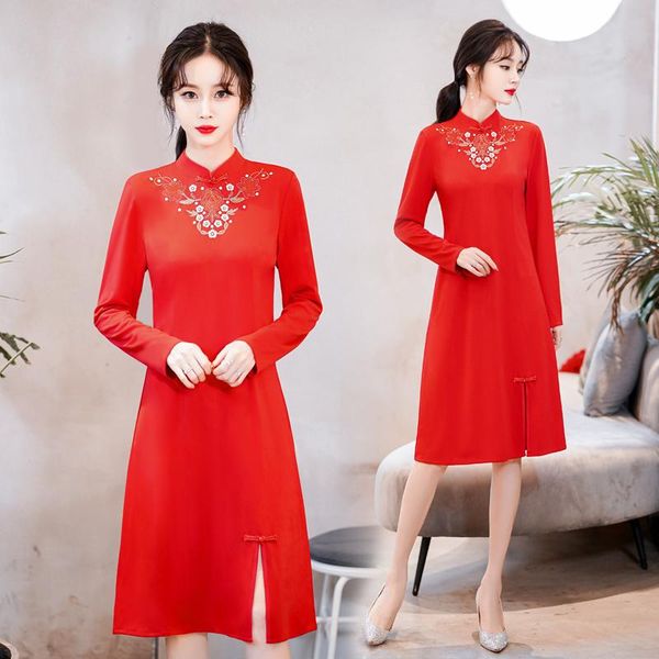 

ethnic clothing red embroidery plus size -4xl winter autumn casual qipao traditional chinese vintage modern cheongsam dress for women