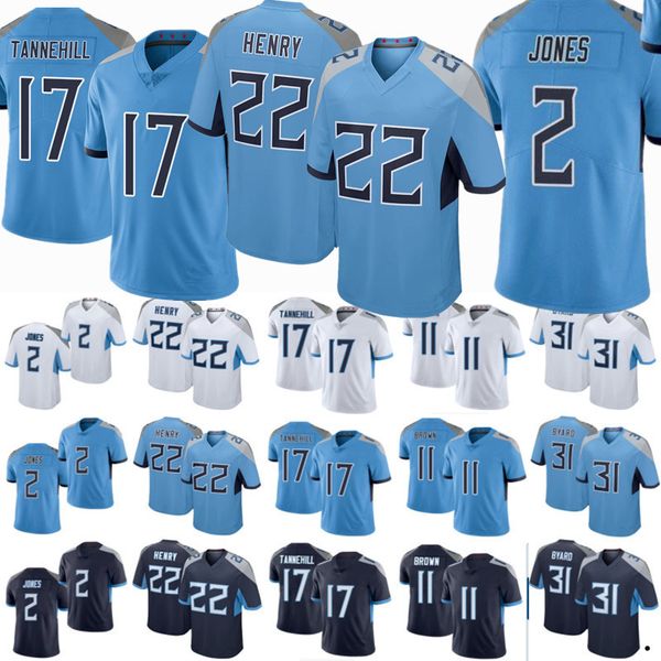 

22 derrick henry jersey men women youth tennessee 2 draft julio 11 aj brown 31 kevin byard 17 ryan tannehill titanes navy blue football jers, Black;red